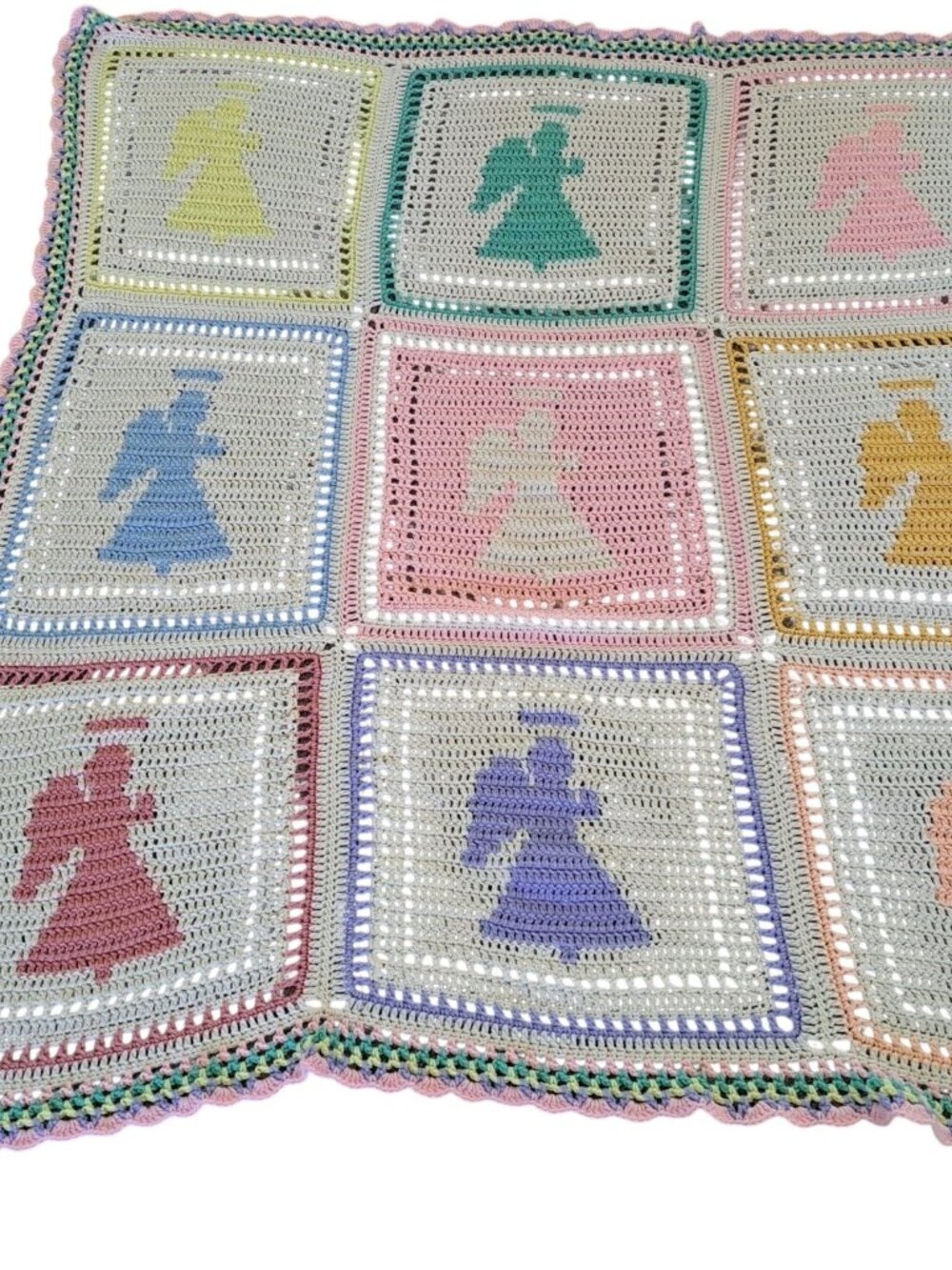 Handmade Crochet Angels Afghan Blanket Colorful Granny Squares Pastel 61" Baby - Picture 1 of 9